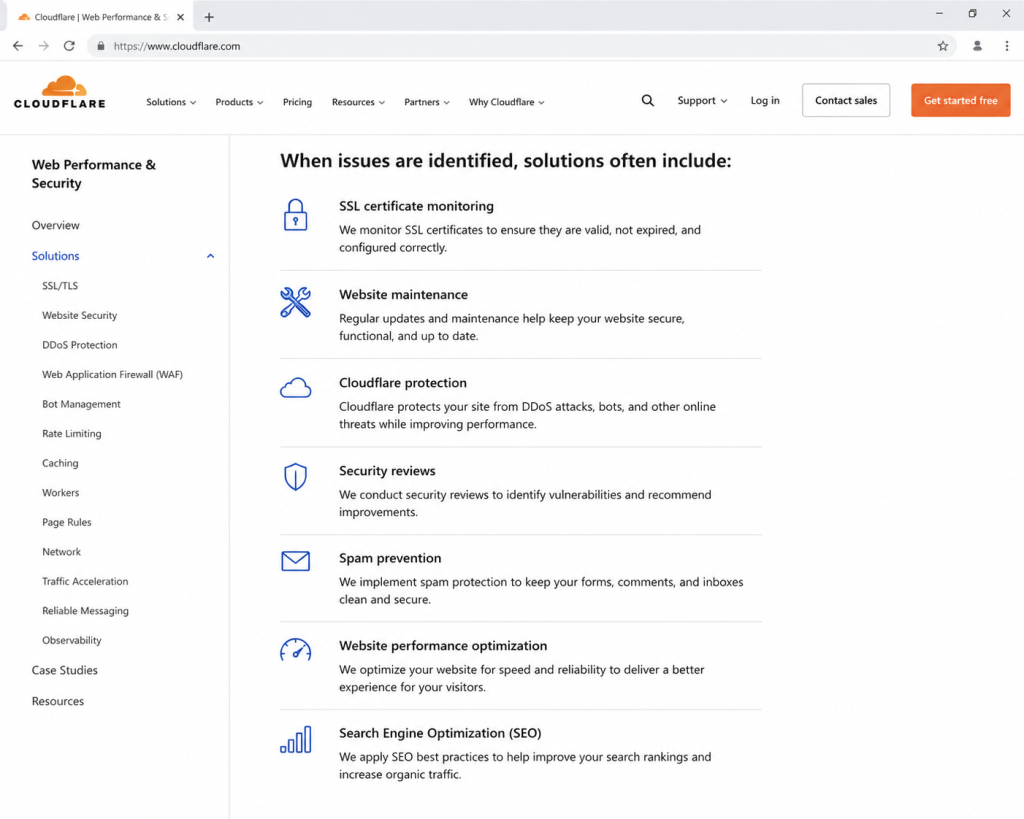 Pannello di controllo di Cloudflare che mostra la protezione del sito web e il monitoraggio del traffico.