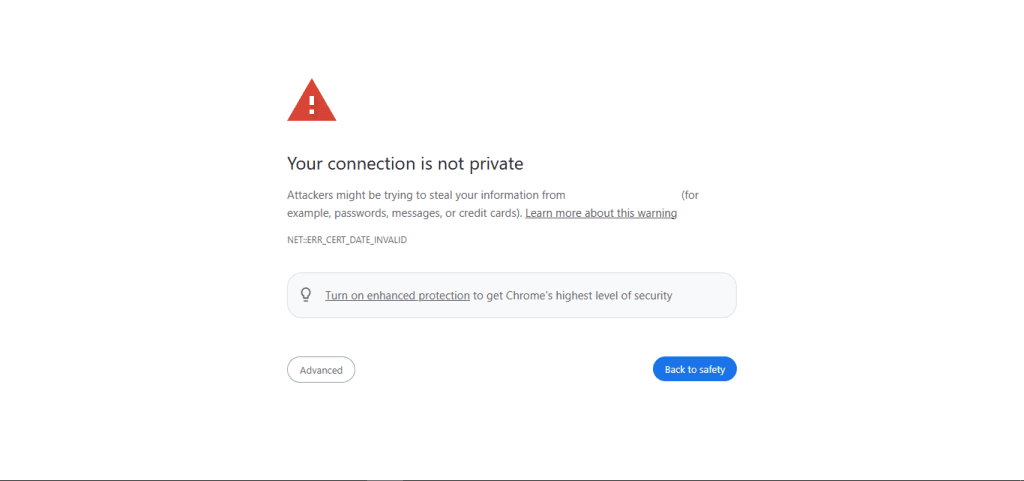 Il browser visualizza un avviso relativo al certificato SSL che indica che la connessione al sito web non è sicura.