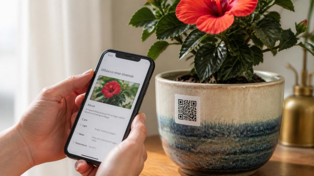 QR code on a plant pot providing access to flower information