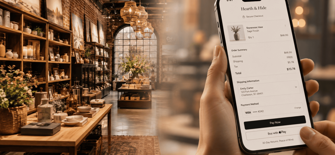 Una scena divisa in cui la calda facciata di un negozio fisico si trasforma senza soluzione di continuità in un'elegante interfaccia di acquisto su smartphone.