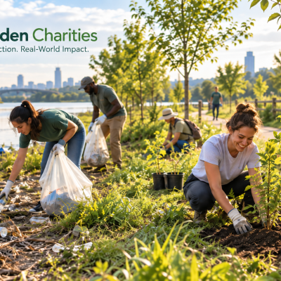 CoinGarden Charities volunteers cleaning a polluted riverside and planting trees during an environmental restoration project