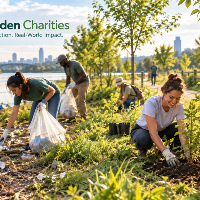 CoinGarden Charities volunteers cleaning a polluted riverside and planting trees during an environmental restoration project