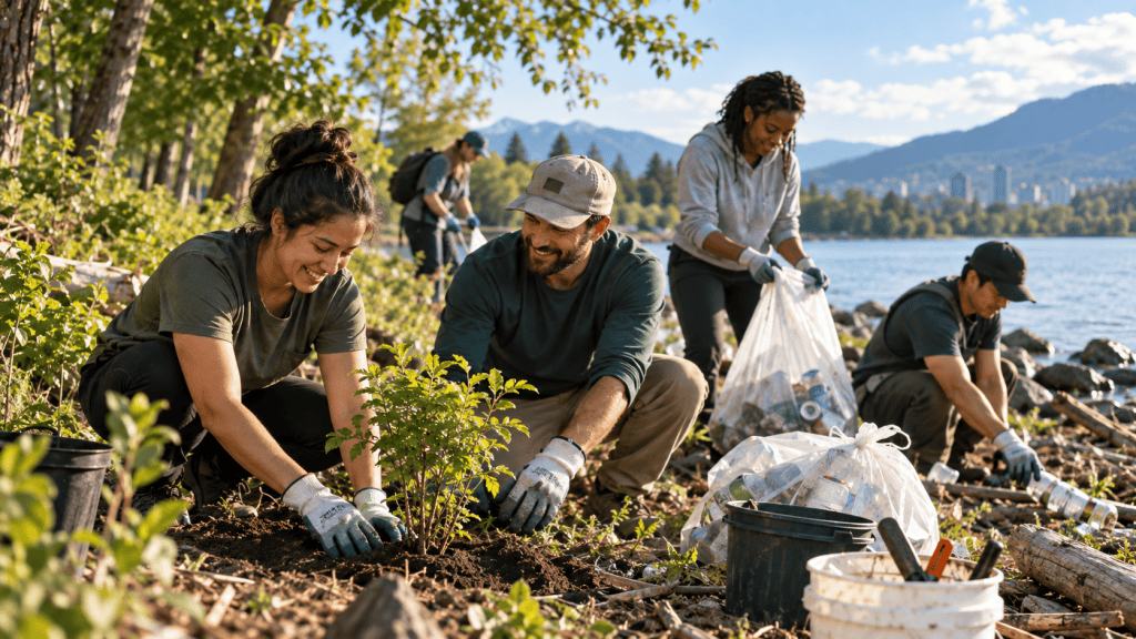 Volunteers cleaning a lakeside area and planting native greenery during an environmental restoration project