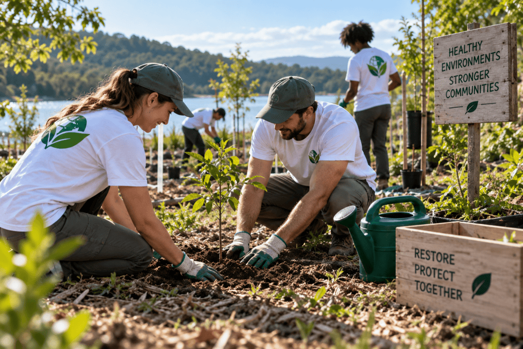 Volunteers planting a young tree beside a lake as part of a community habitat restoration project