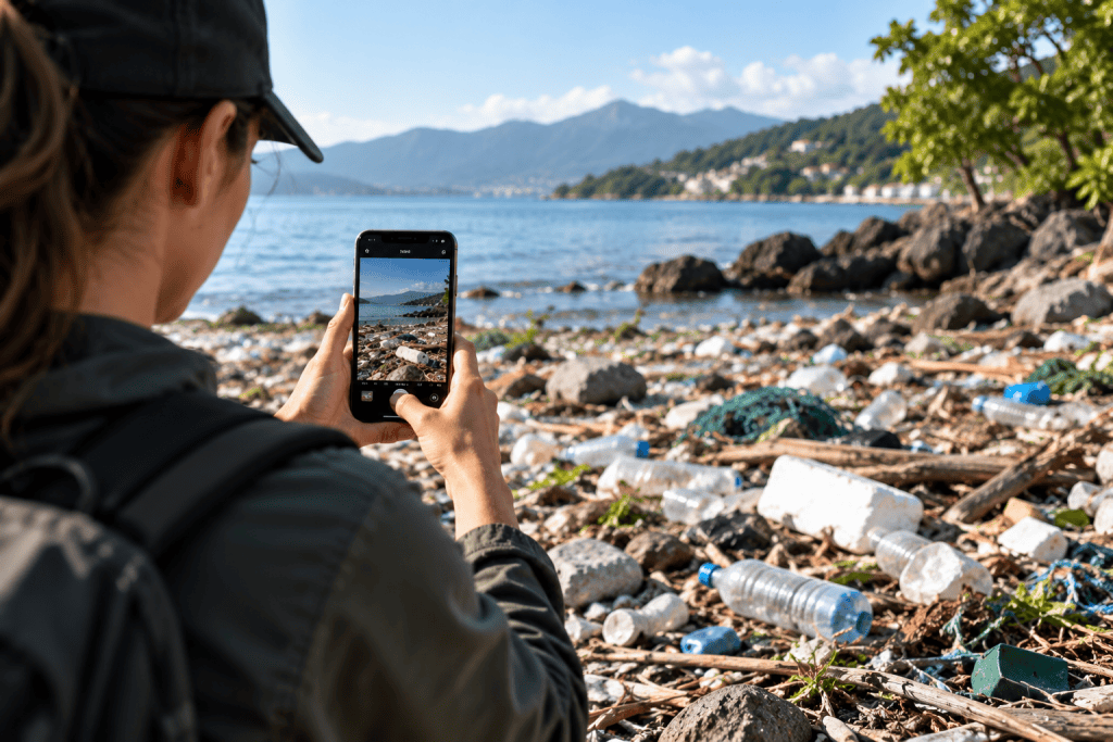 Person photographing plastic pollution on a shoreline with a smartphone for an environmental report