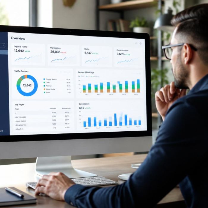 Business owner reviewing website analytics in 2026.