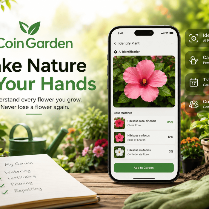 CoinGarden AI flower identification and plant care app in a garden