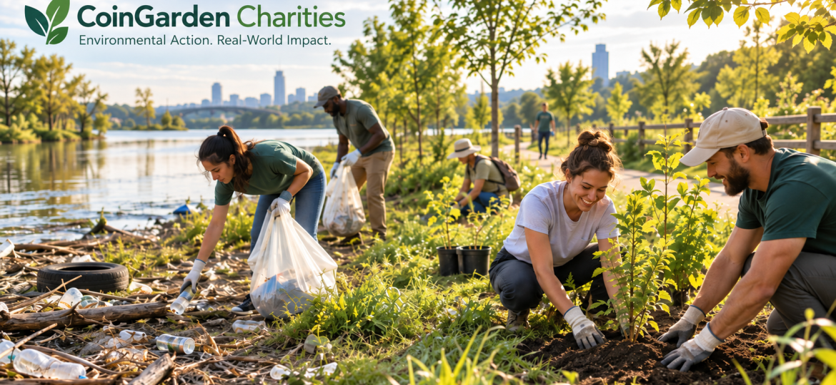 CoinGarden Charities volunteers cleaning a polluted riverside and planting trees during an environmental restoration project